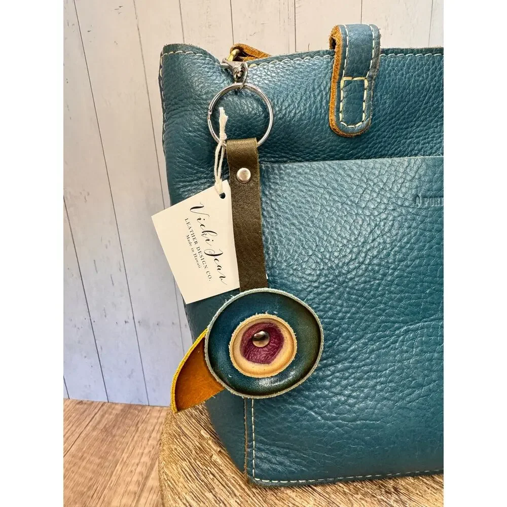 Genuine Leather Round Flower Purse Charm Blue Tan Plum Boho Bag Charm